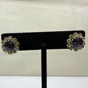 Vintage Purple Rhinestone Cluster Earrings Gold Tone Post Back Fashion Jewelry